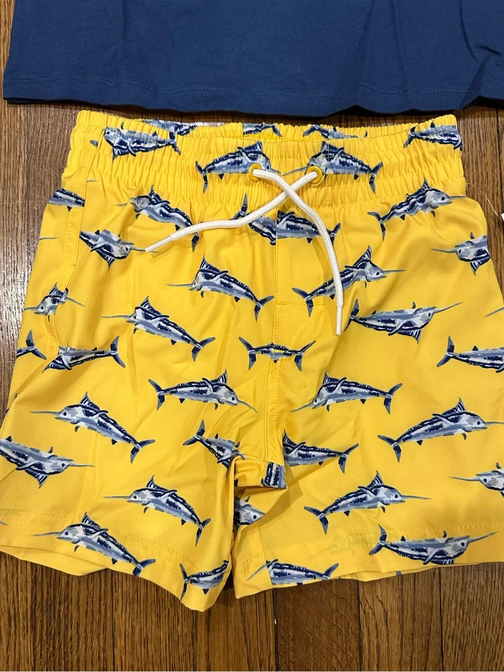 Old Navy Navy Blue Top Gun Tee & Yellow Shark Print Shorts